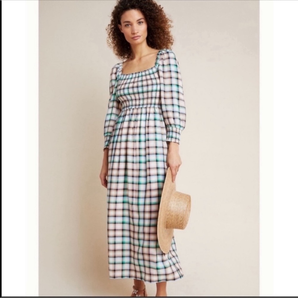 NWOT Anthropologie Cerie Long Sleeve Smocked Plaid Midi Dress